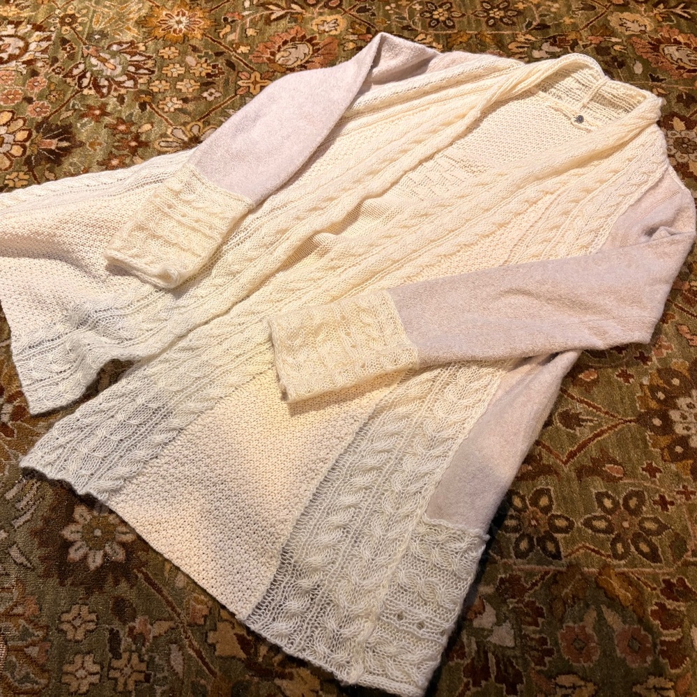 Anthropologie Knitted and Knotted Regan Cardigan Wool Blend Mix Stitch Cream MED